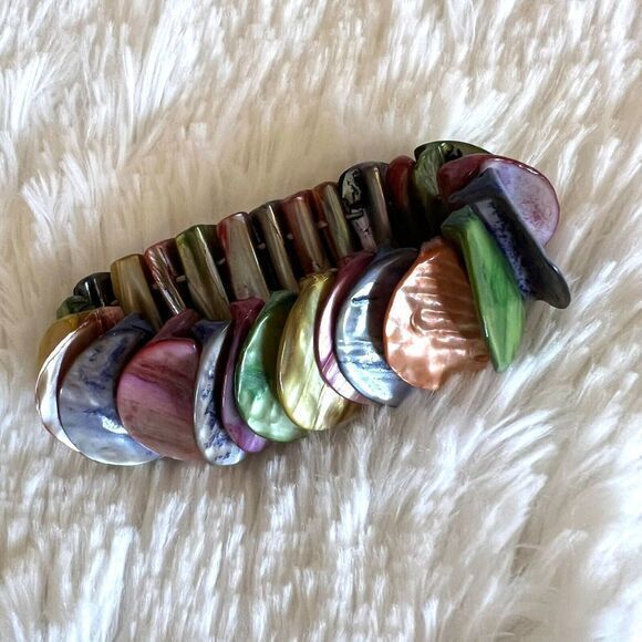 Abalone Shell Chunky Stretch Bracelet Iridescent Shell Mother of Pearl Multicolo - Picture 8 of 11